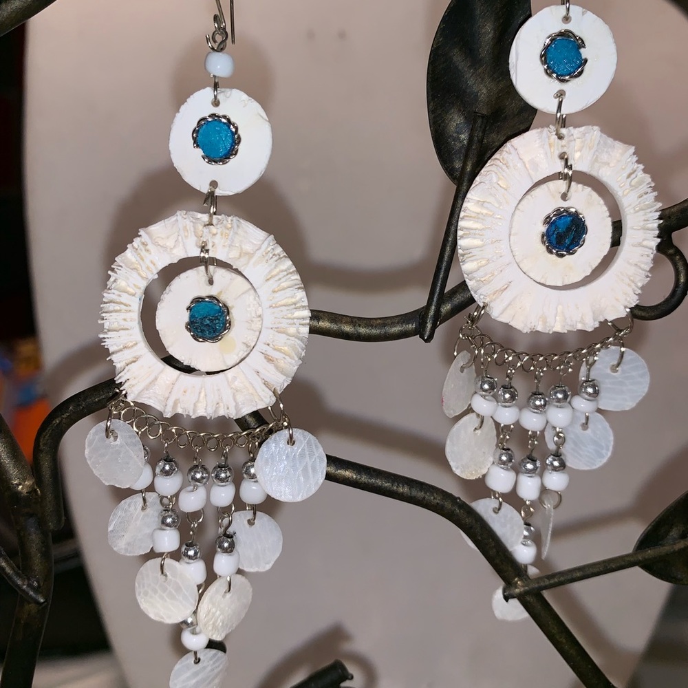 White coral mother-of-pearl and turquoise earrings